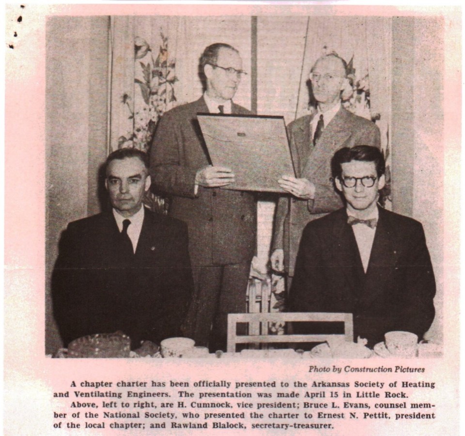 Ernest Pettit receiving Arkansas ASHVE’s official Chapter Charter (Construction News Monthly, May 14,1952 Edition)
